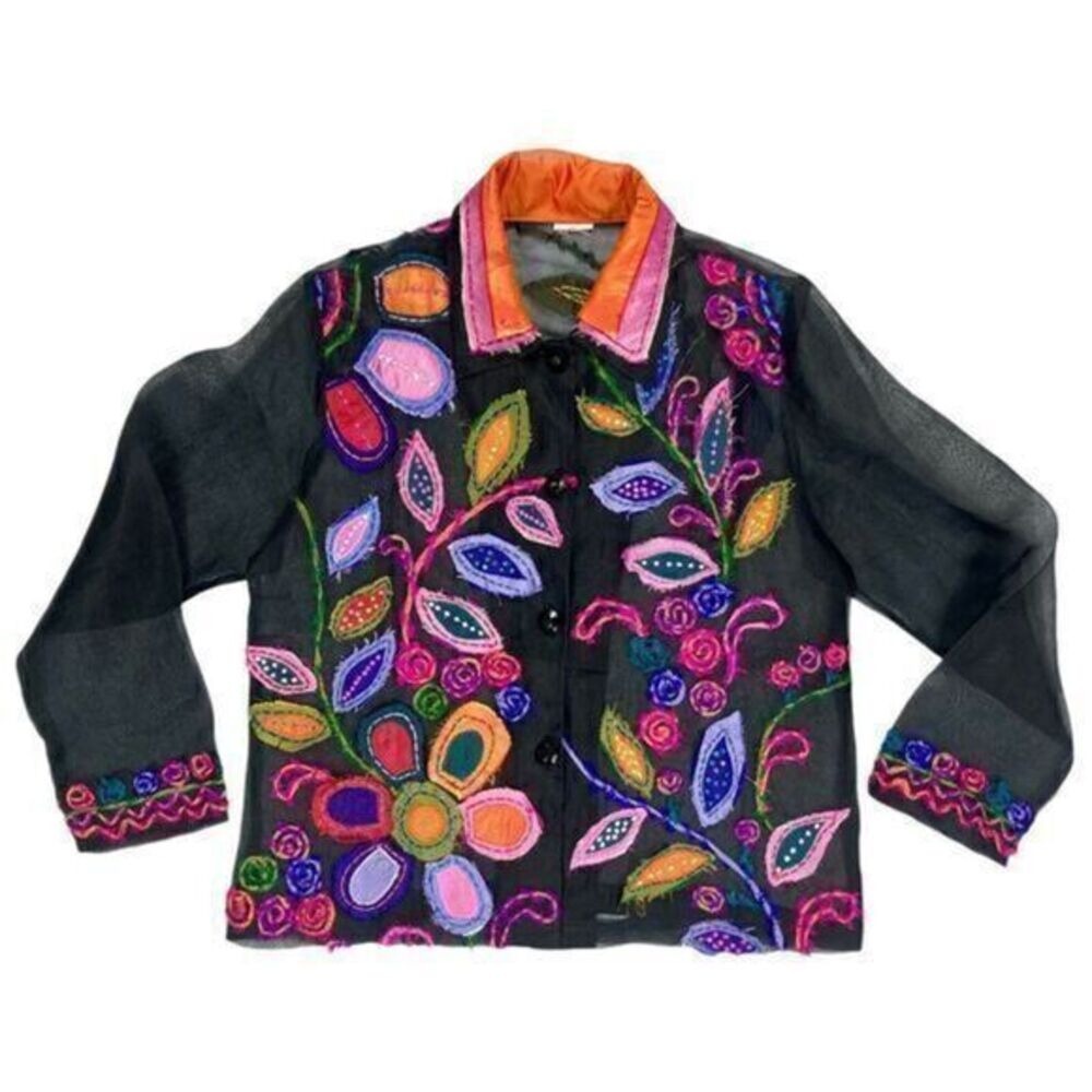 Artisan Sheer Organza Black Floral Applique Blouse Women L Multicolor Whimsical